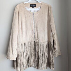 Escalier faux suede collarless fringe jacket